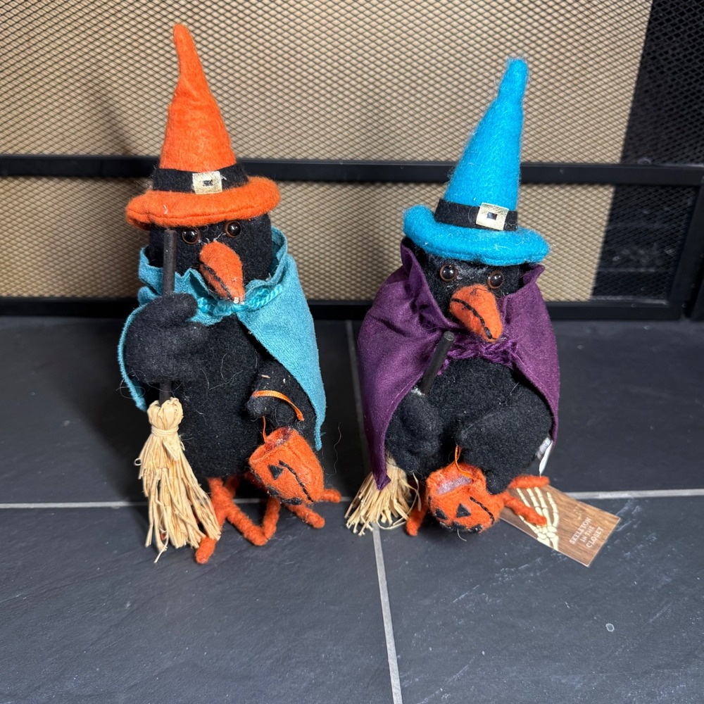 Skeleton in the Closet Halloween Crow Bird Figurines Set of 2 Witch Hat Broom